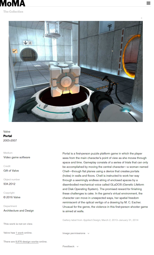 Source: Screenshot of MoMA catalogue entry for Portal